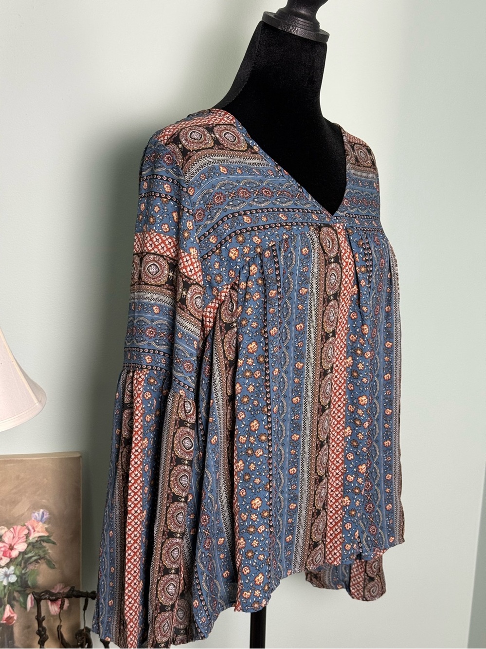 MTS Boho Blue Print Top Size S NWOT
